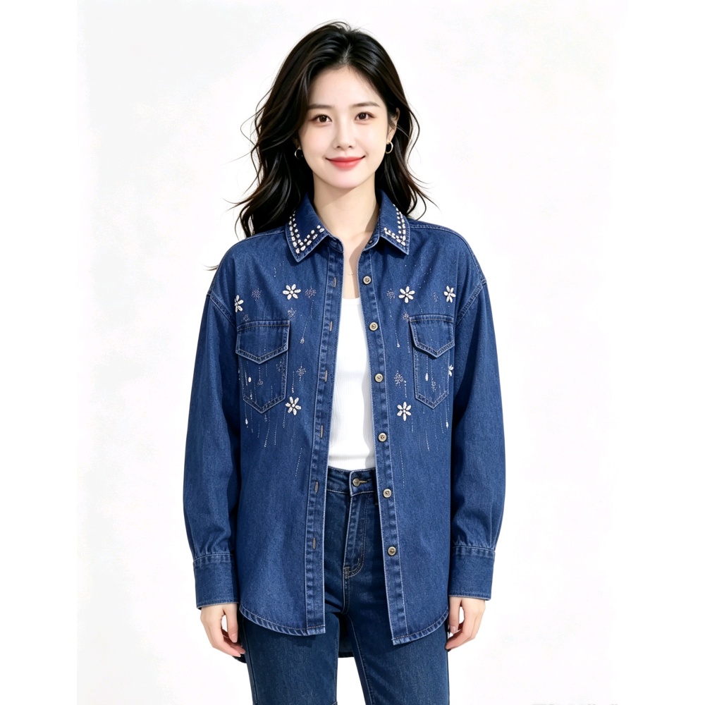 Rhinestone retro shirt denim Korean style coat