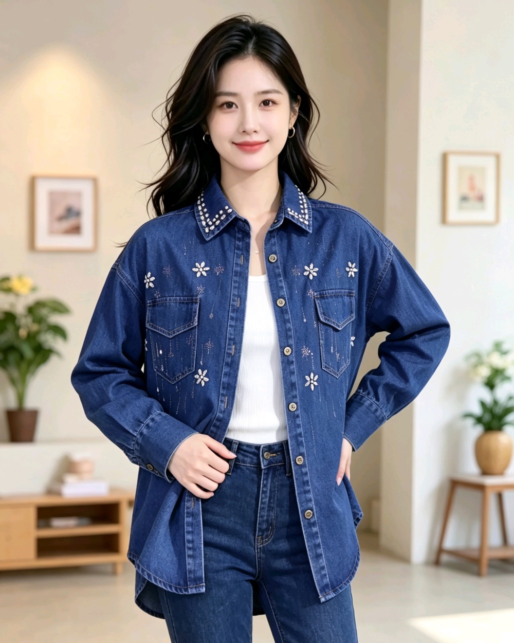 Rhinestone retro shirt denim Korean style coat