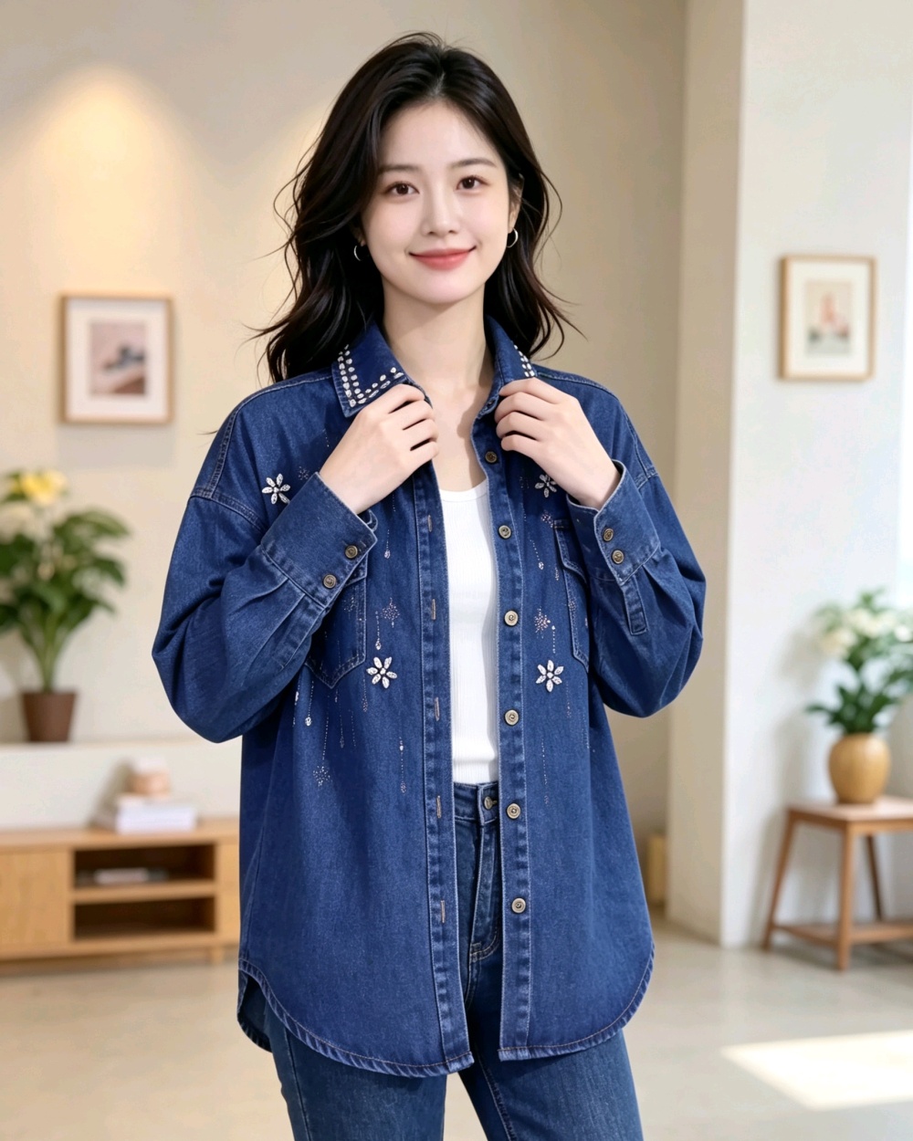 Rhinestone retro shirt denim Korean style coat