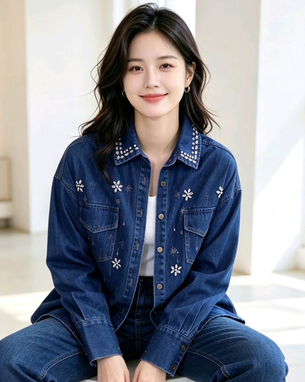 Rhinestone retro shirt denim Korean style coat