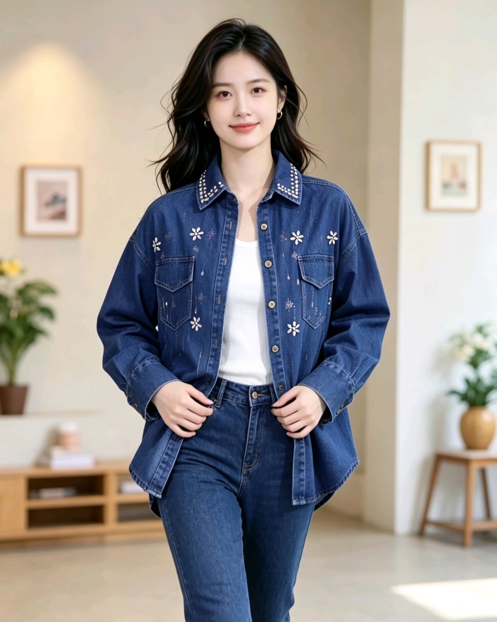 Rhinestone retro shirt denim Korean style coat