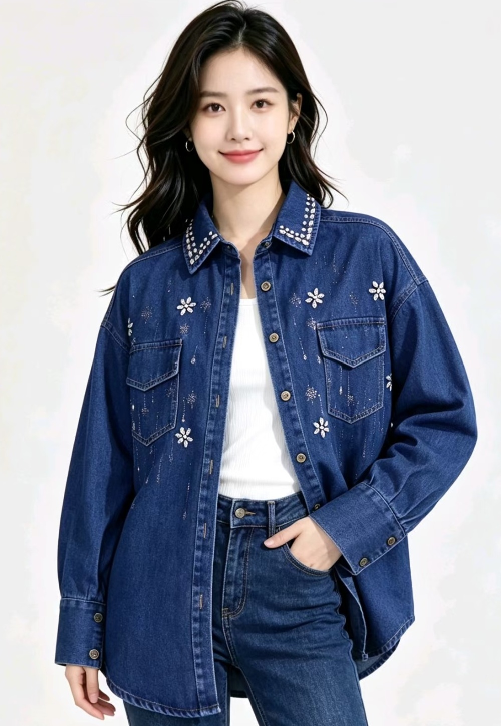 Rhinestone retro shirt denim Korean style coat