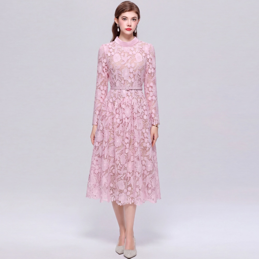 Round neck inside the ride with belt A-line dress
