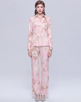 Straight loose long pants commuting shirt 2pcs set
