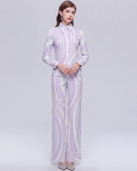 Loose printing long pants Casual straight shirt 2pcs set