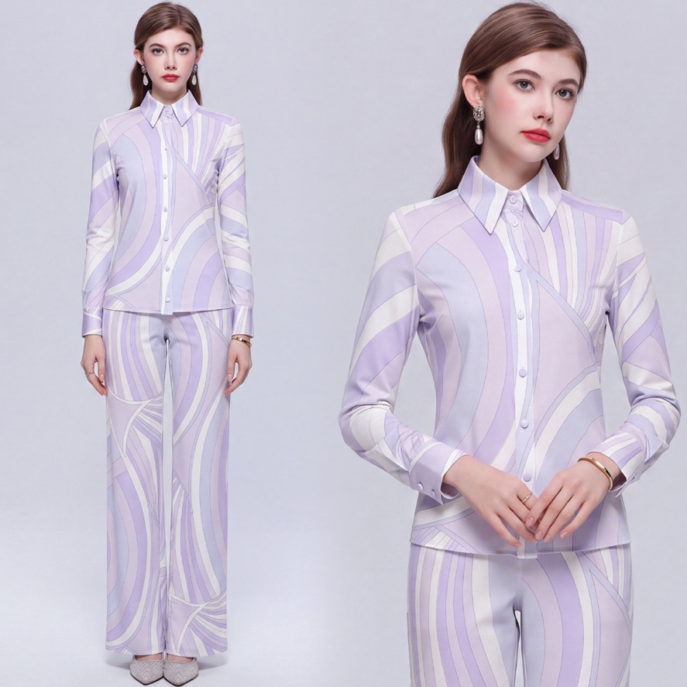 Loose printing long pants Casual straight shirt 2pcs set