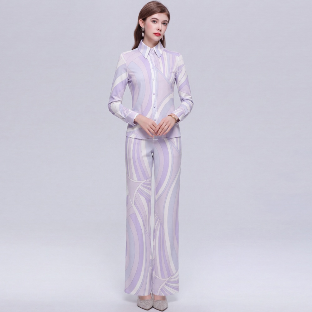 Loose printing long pants Casual straight shirt 2pcs set