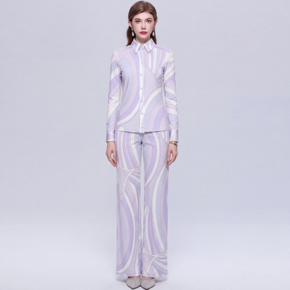 Loose printing long pants Casual straight shirt 2pcs set