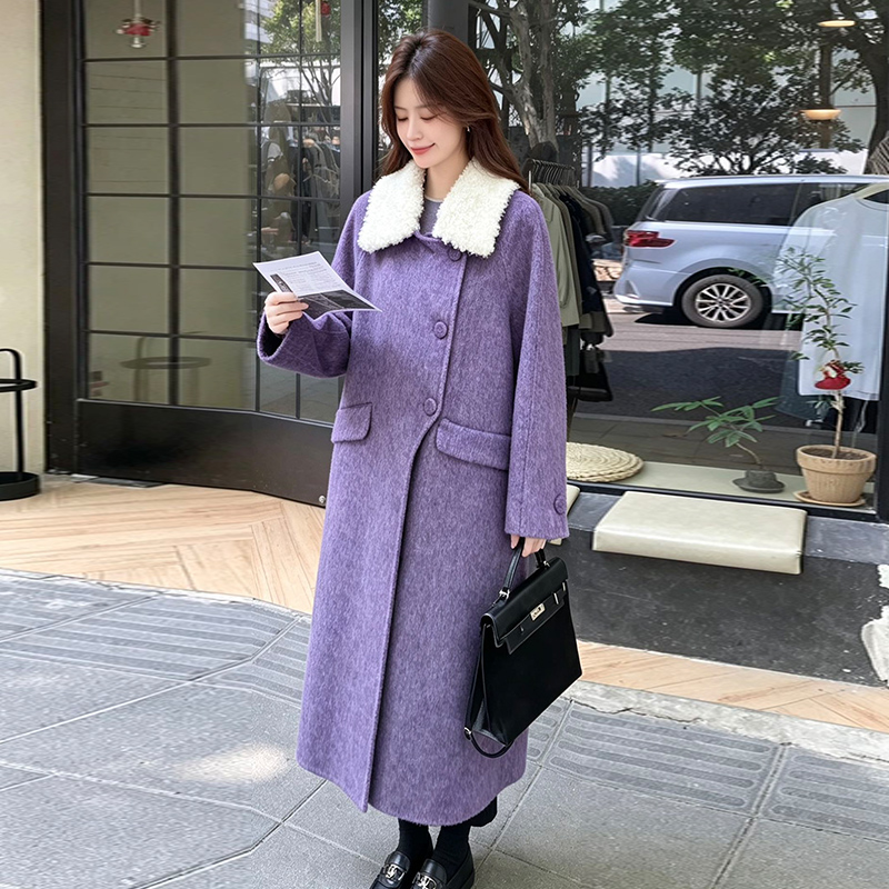 Korean style commuting overcoat long woolen coat for women
