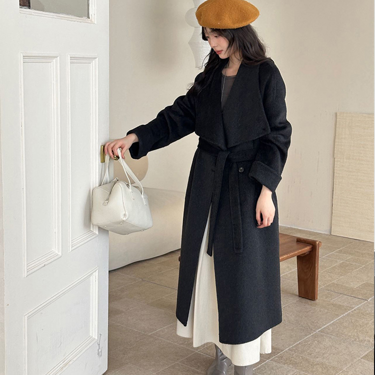 Pinched waist overcoat wool woolen coat for women