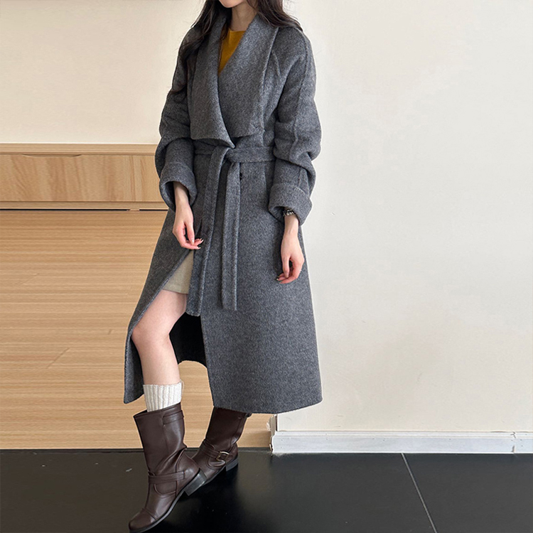 Pinched waist overcoat wool woolen coat for women