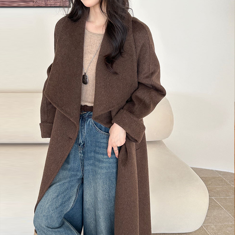 Pinched waist overcoat wool woolen coat for women