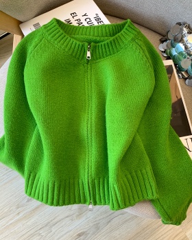 Green round neck cardigan double zip short coat for women