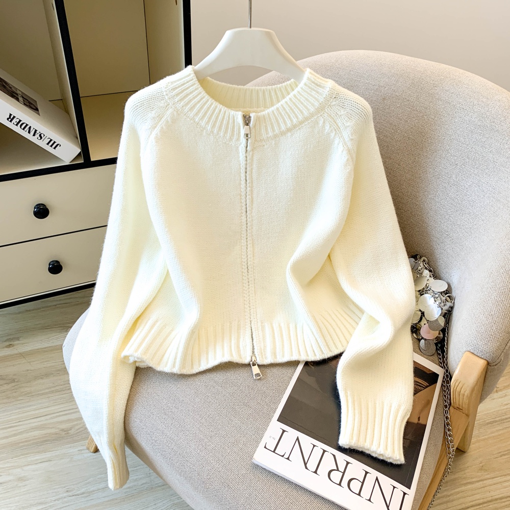Green round neck cardigan double zip short coat for women