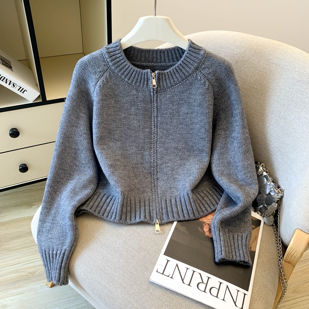Green round neck cardigan double zip short coat for women