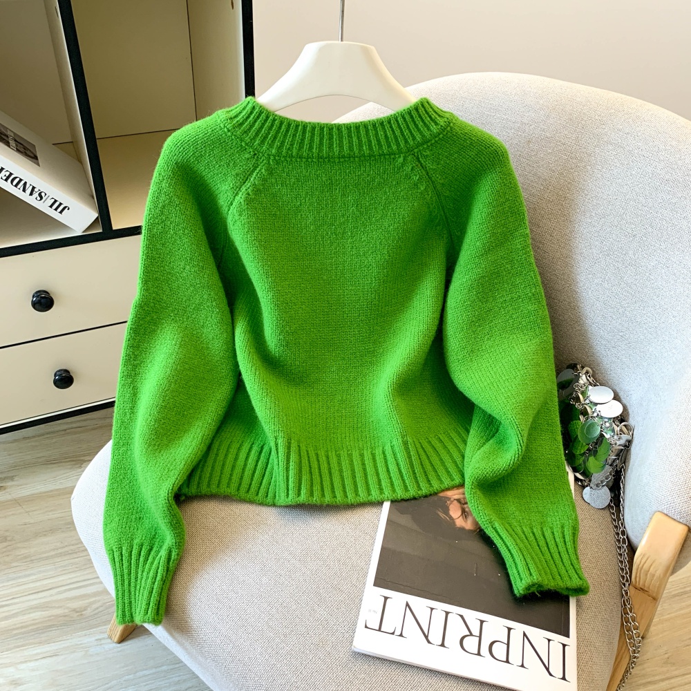 Green round neck cardigan double zip short coat for women