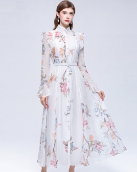 With belt dress cstand collar long dress for women