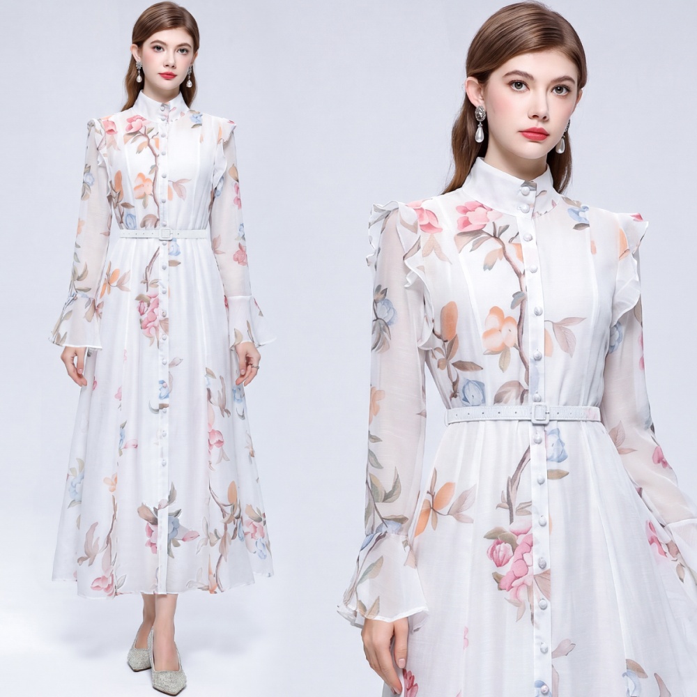 With belt dress cstand collar long dress for women