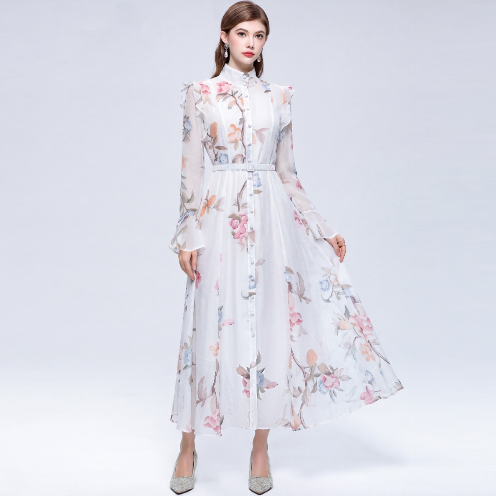 With belt dress cstand collar long dress for women