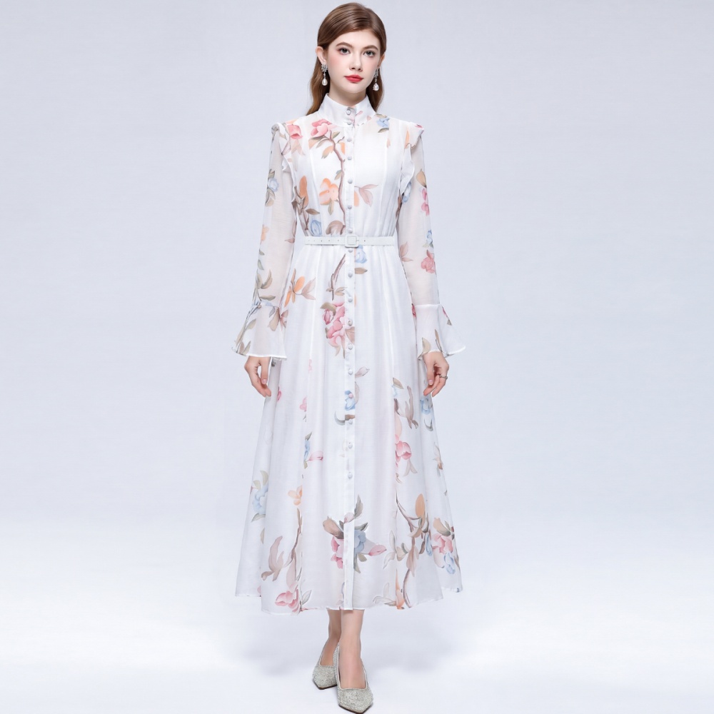With belt dress cstand collar long dress for women