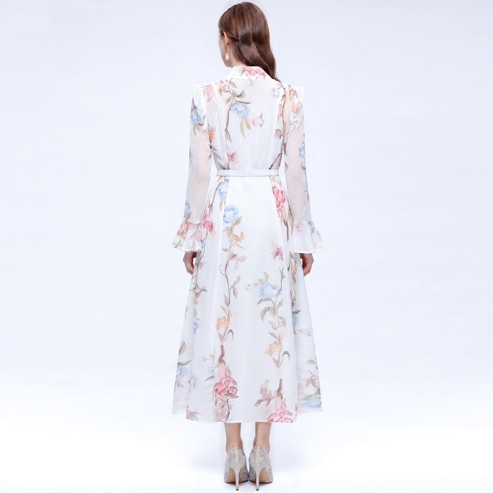 With belt dress cstand collar long dress for women