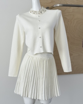 Pearl chanelstyle skirt pleated beading sweater 2pcs set