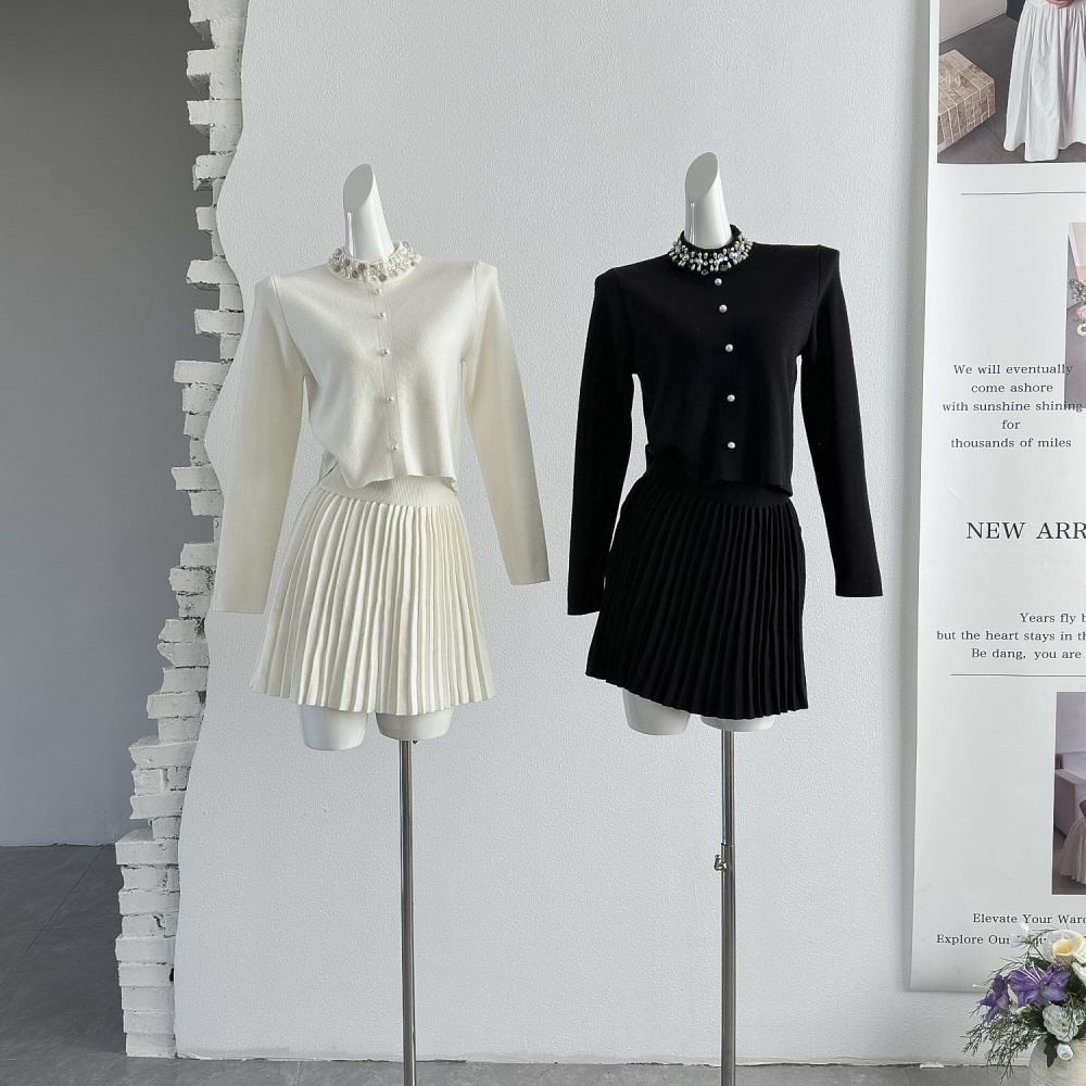 Pearl chanelstyle skirt pleated beading sweater 2pcs set