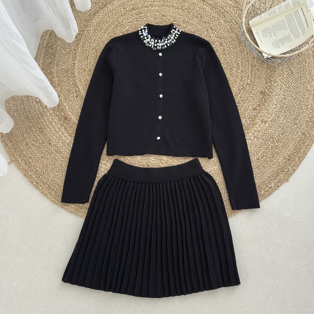 Pearl chanelstyle skirt pleated beading sweater 2pcs set