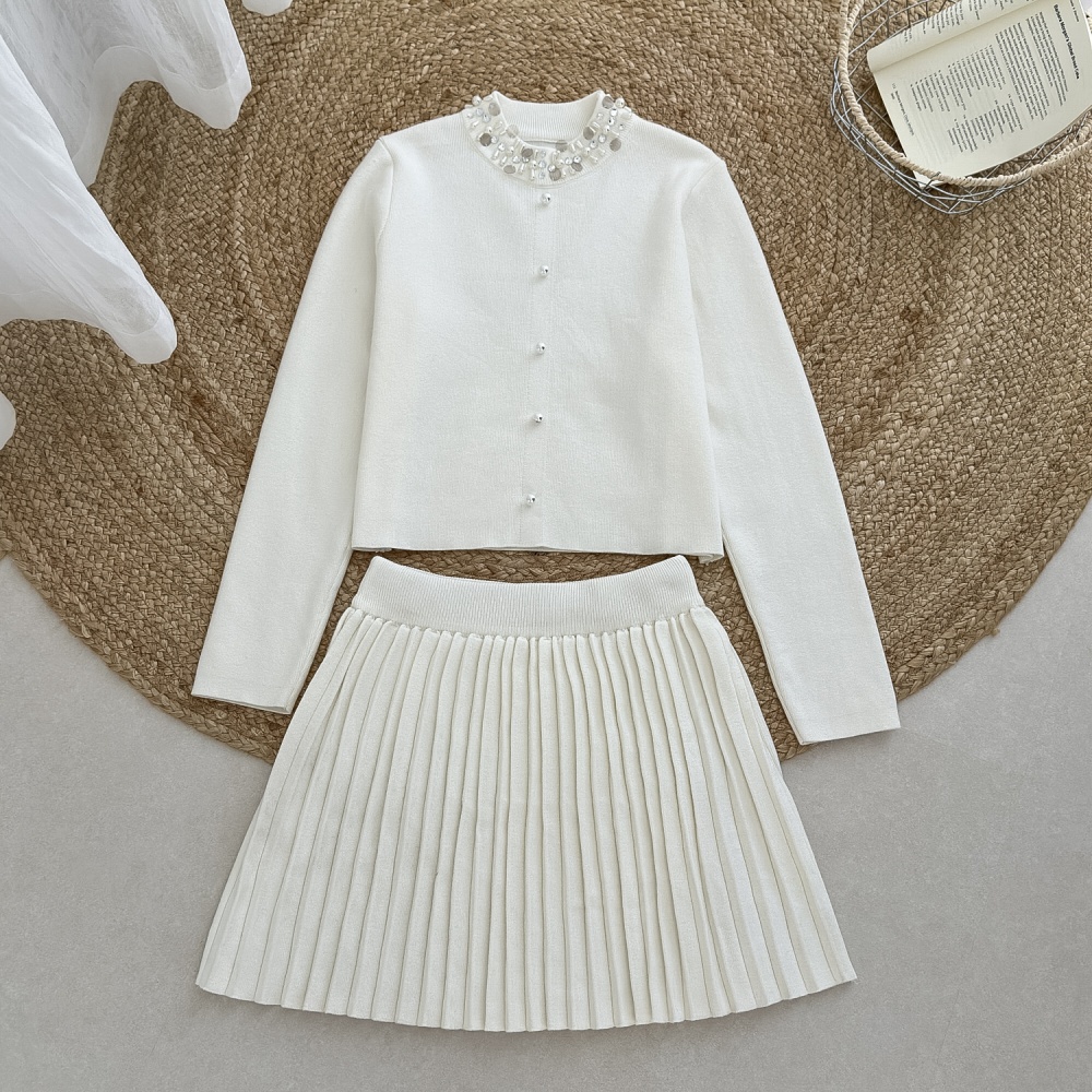 Pearl chanelstyle skirt pleated beading sweater 2pcs set