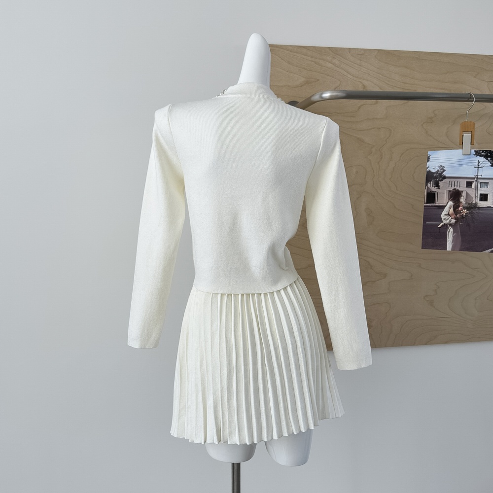 Pearl chanelstyle skirt pleated beading sweater 2pcs set