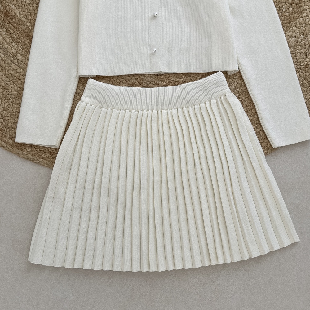 Pearl chanelstyle skirt pleated beading sweater 2pcs set