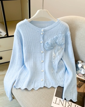Niche rose knitted coat round neck autumn stereoscopic sweater