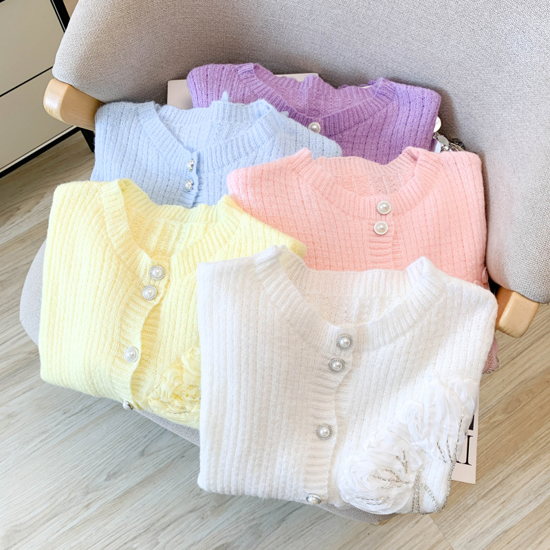 Niche rose knitted coat round neck autumn stereoscopic sweater