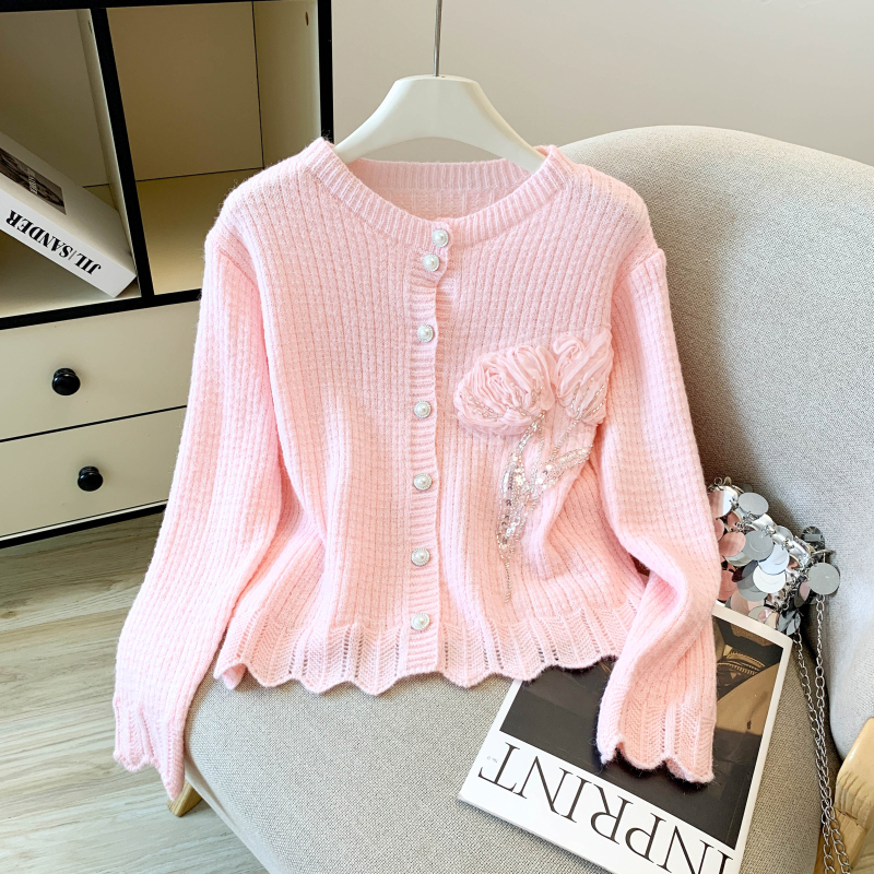 Niche rose knitted coat round neck autumn stereoscopic sweater