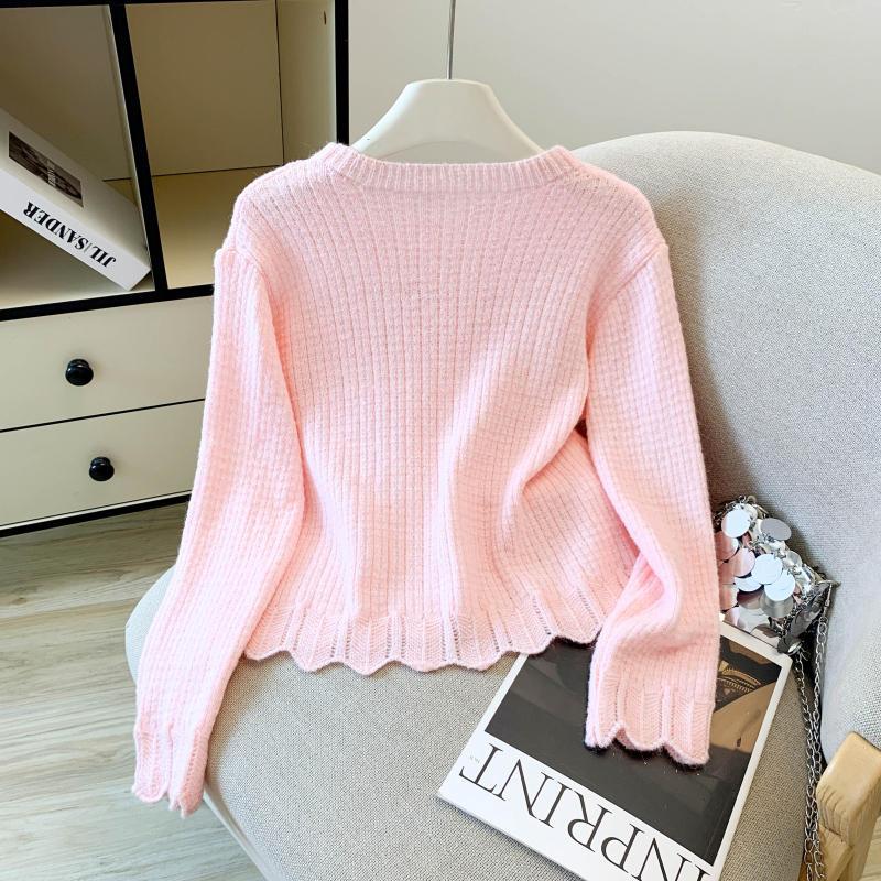 Niche rose knitted coat round neck autumn stereoscopic sweater