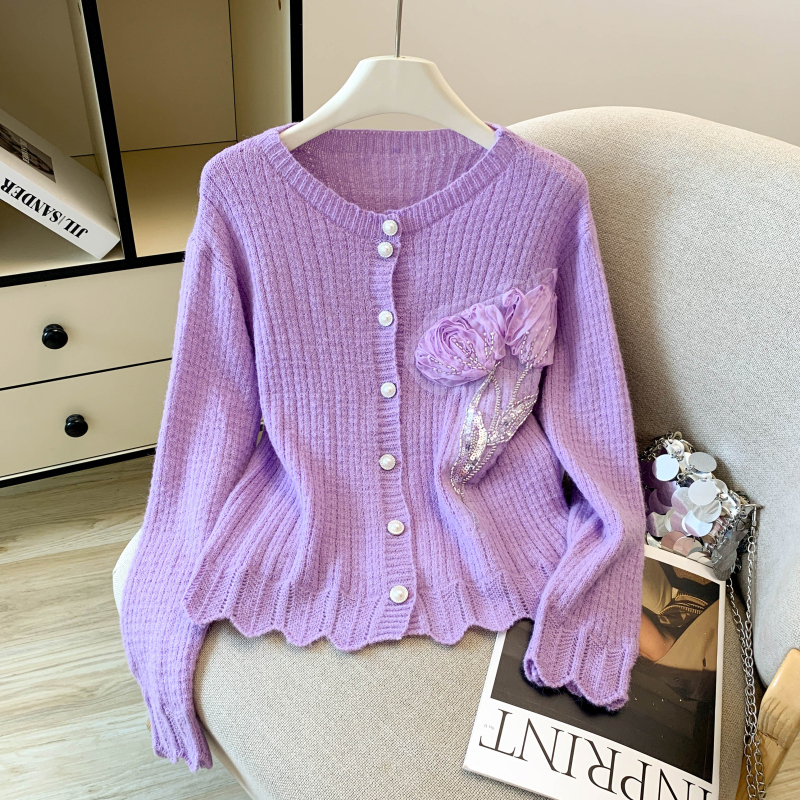 Niche rose knitted coat round neck autumn stereoscopic sweater