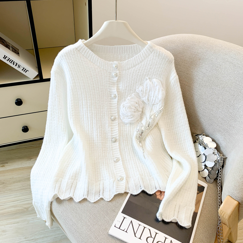 Niche rose knitted coat round neck autumn stereoscopic sweater