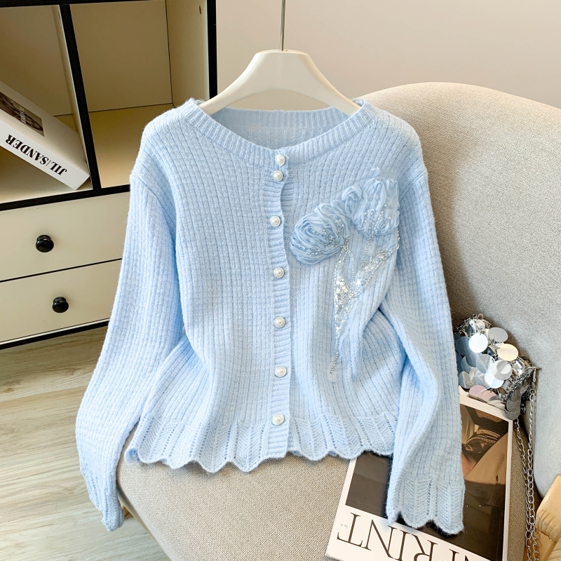 Niche rose knitted coat round neck autumn stereoscopic sweater