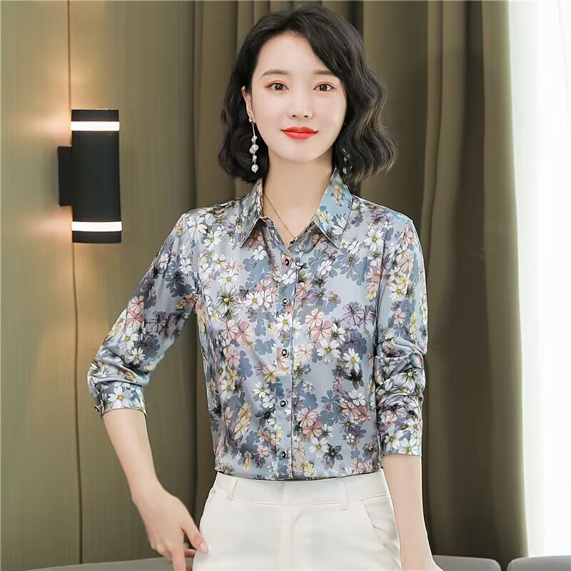 Niche floral shirt real silk satin tops for women