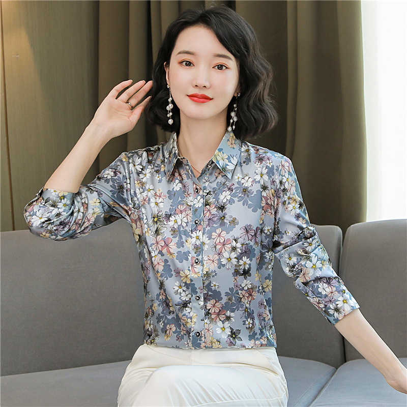 Niche floral shirt real silk satin tops for women