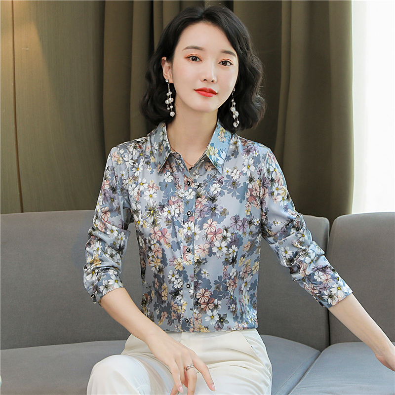 Niche floral shirt real silk satin tops for women