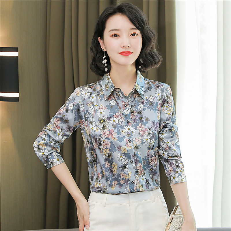 Niche floral shirt real silk satin tops for women