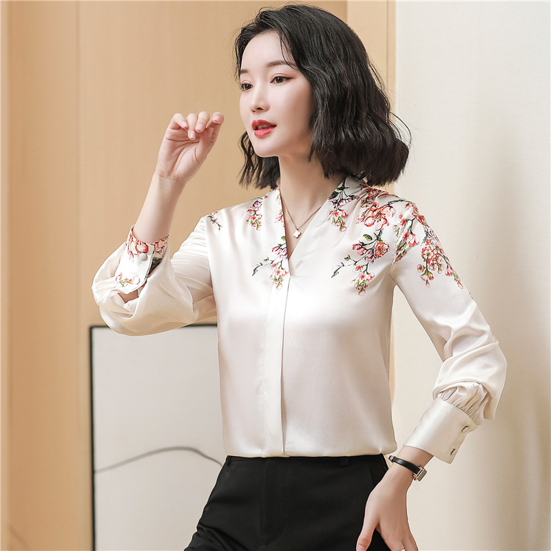 Silk printing shirt autumn show young tops for women