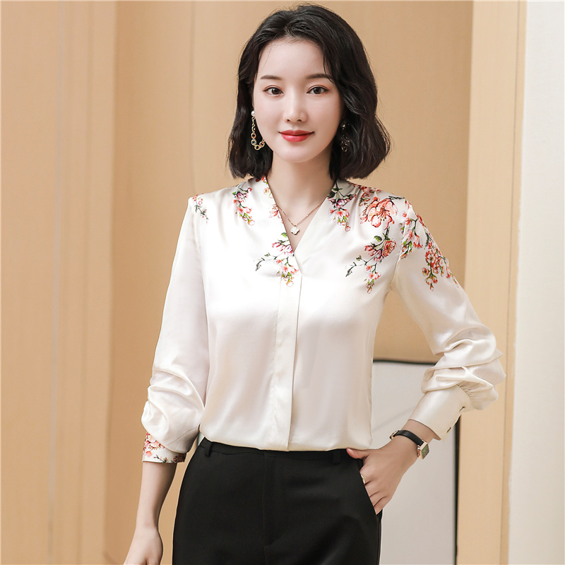Silk printing shirt autumn show young tops for women