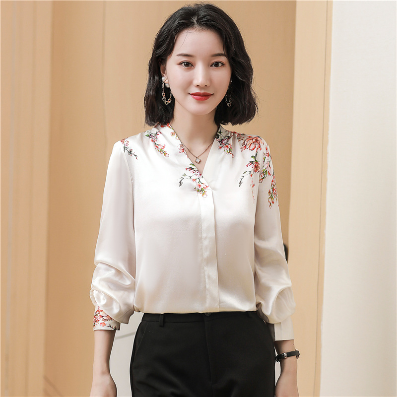 Silk printing shirt autumn show young tops for women
