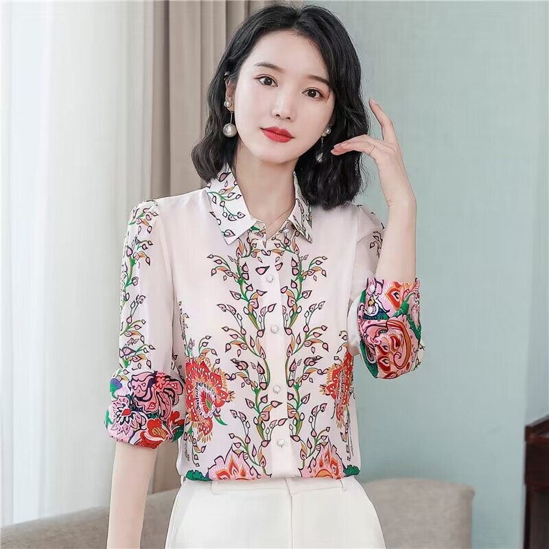Silk autumn fashion tops real silk loose satin shirt for women