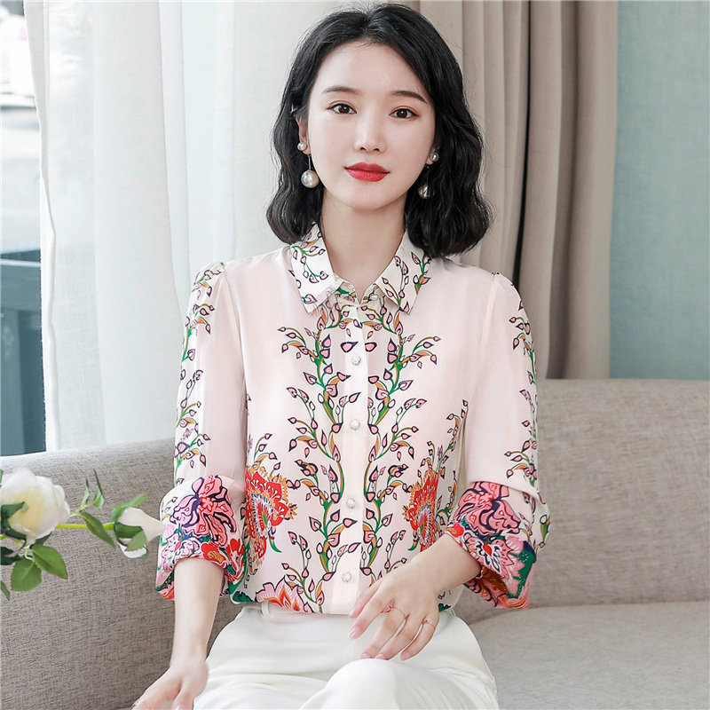 Silk autumn fashion tops real silk loose satin shirt for women