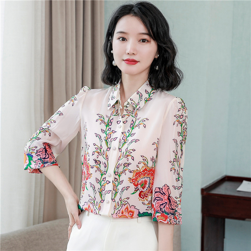 Silk autumn fashion tops real silk loose satin shirt for women