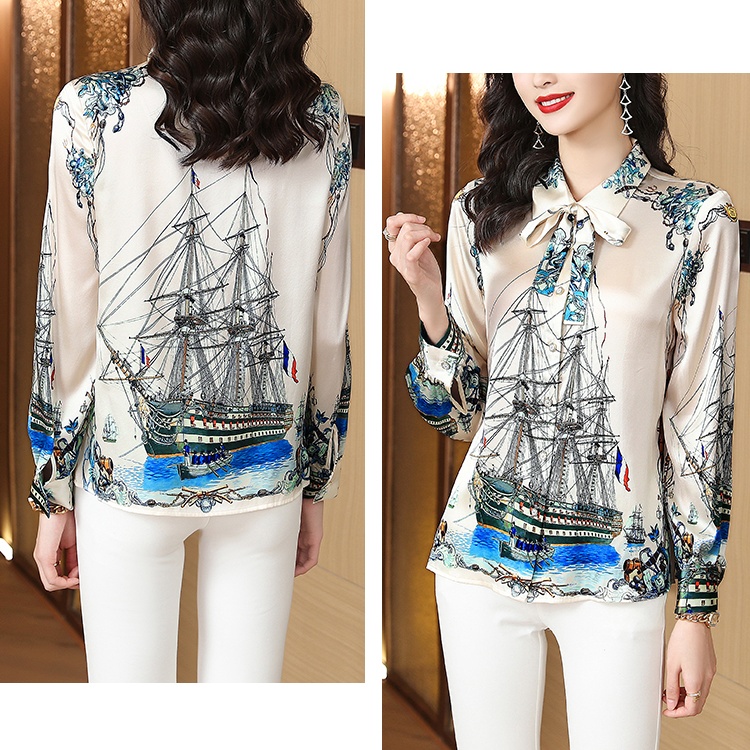 Printing elegant retro tops grace real silk shirt for women