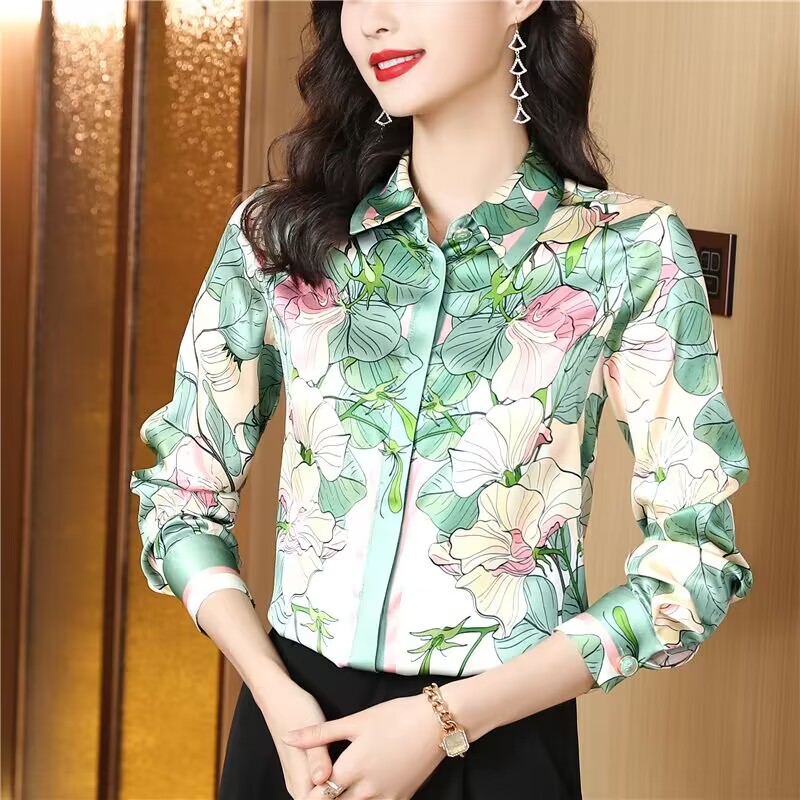 Real silk commuting tops printing shirt for women